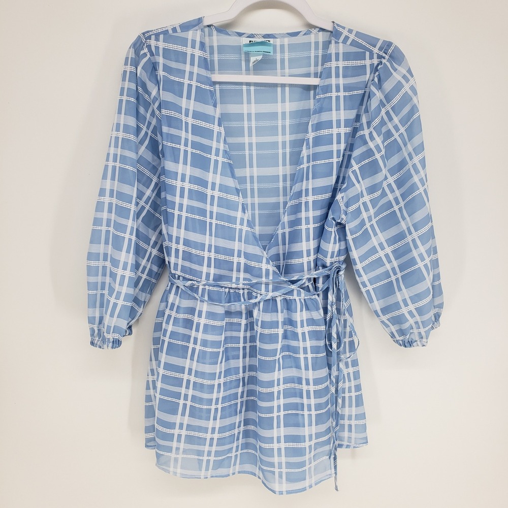 Future Collective Plaid Wrap Top Women Size L Blue Sheer Balloon Sleeve V-Neck
